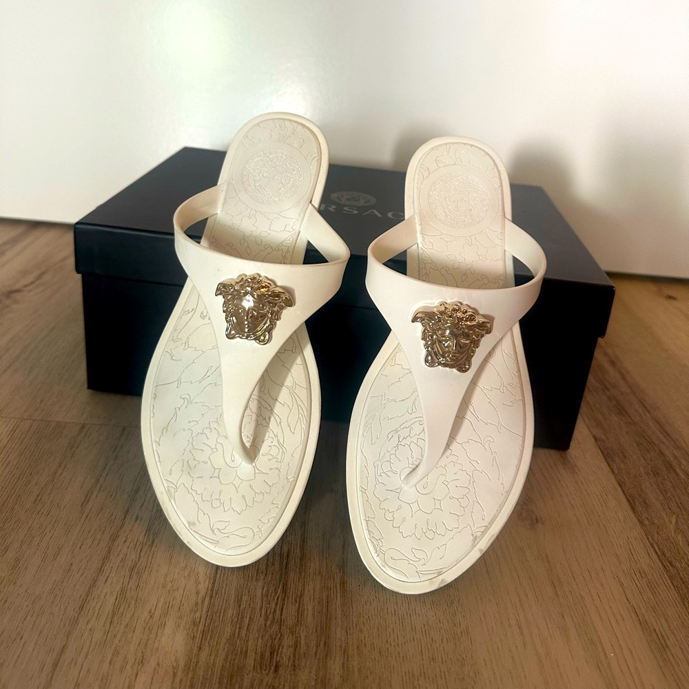 Versace Cream Sandals with Gold Medusa